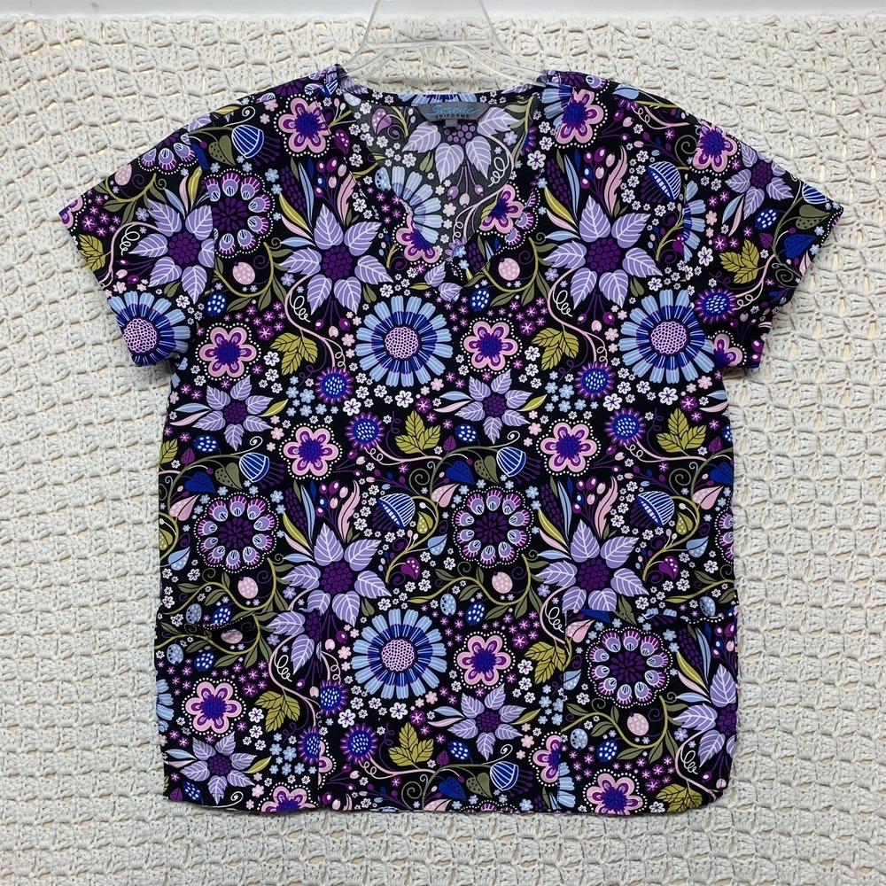 Serene Uniforms Scrub Top Womens Small‎ Black Multicolor Floral Print Medical